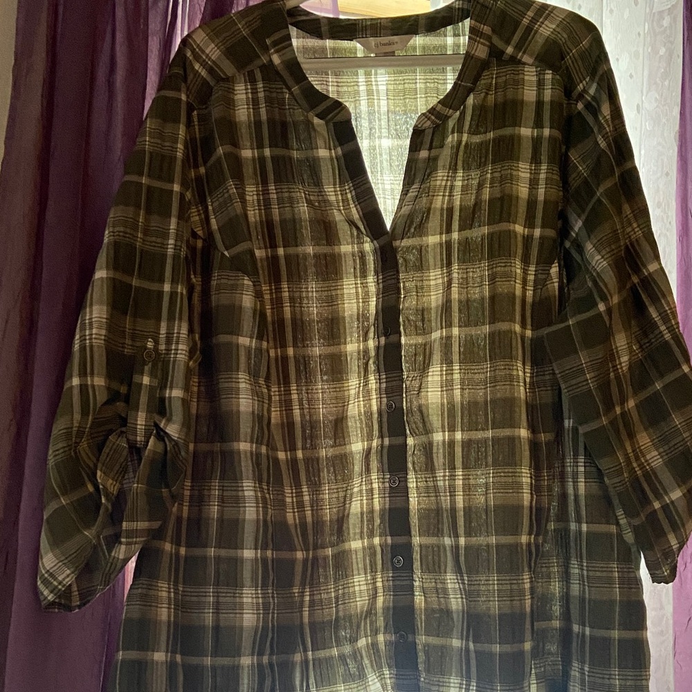 CJ Banks Black and White Plaid Blouse